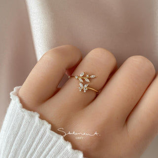Crystal Leaf Branch Butterfly Ring
