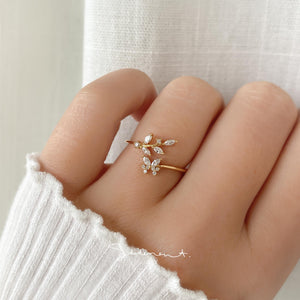 Crystal Leaf Branch Butterfly Ring