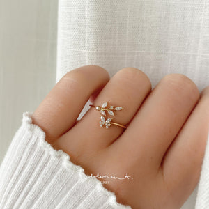 Crystal Leaf Branch Butterfly Ring