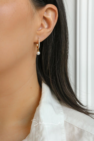 Pave Pearl Drop Oval Hoop Earrings