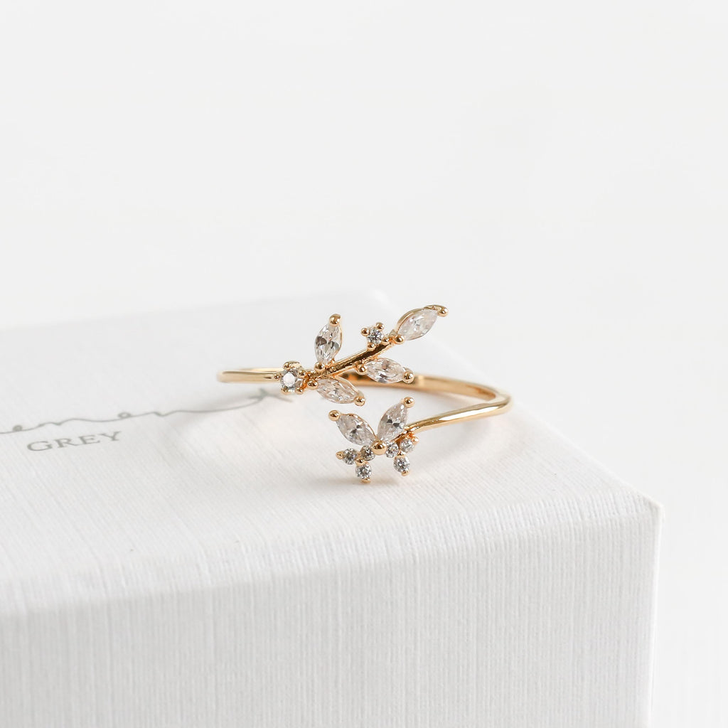 Crystal Leaf Branch Butterfly Ring