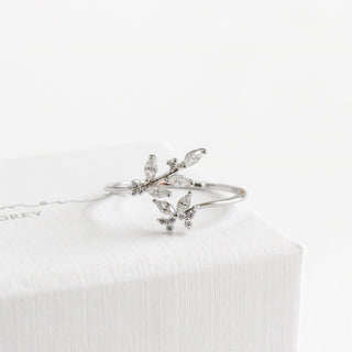 Crystal Leaf Branch Butterfly Ring