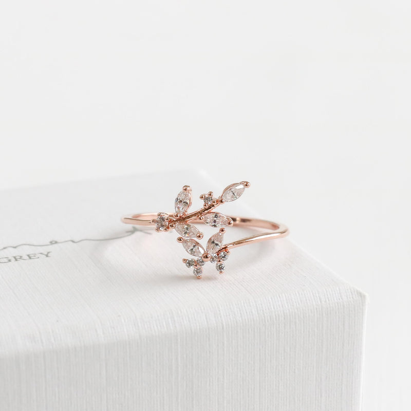 Crystal Leaf Branch Butterfly Ring