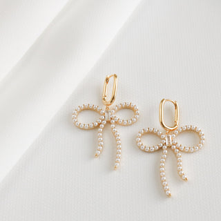 Pearl Studded Bow Dangle Earrings