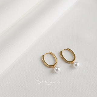 Pave Pearl Drop Oval Hoop Earrings