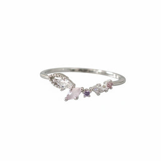 Statement Grey Dove ring with marquise and circle crystals in blush, rose, and lavender on a silver-toned band.