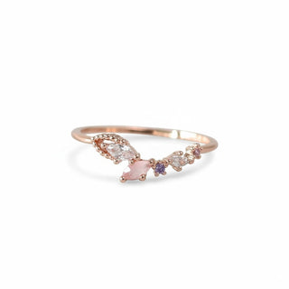Statement Grey Dove ring with marquise and circle crystals in blush, rose, and lavender on a rose gold band.