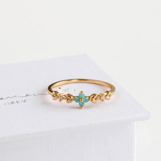 Statement Grey gold-plated Jade Vine Blossom ring featuring aqua opal-like stones, leaf details, and cubic zirconia.