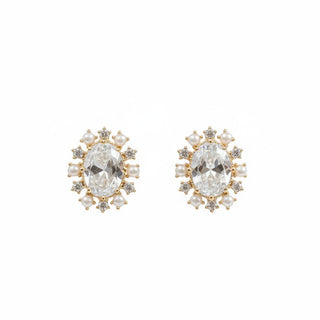 Statement Grey oval crystal stud earrings with a halo of faux pearls and crystals on sterling silver posts.