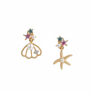 Statement Grey mismatched seashell and starfish drop earrings with pearls, pink stars, and blue crystal accents.