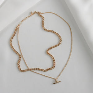 Double Curb Chain w/ Knoted Bar Necklace